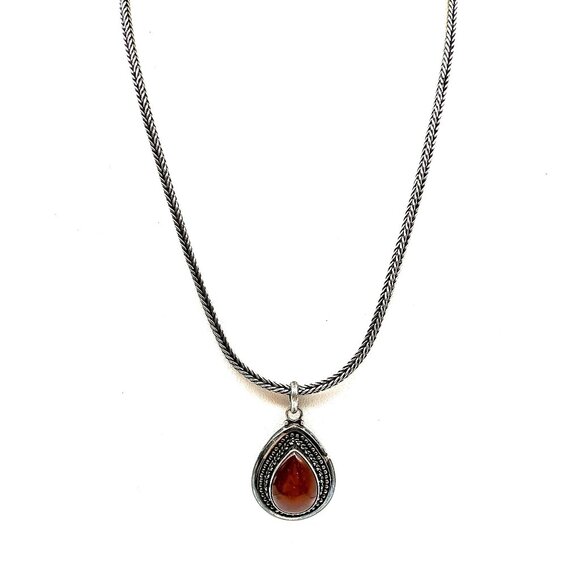 Vintage Sterling Silver Ornate Teardrop Carnelian Pendant On Sterling Silver - Picture 2 of 5